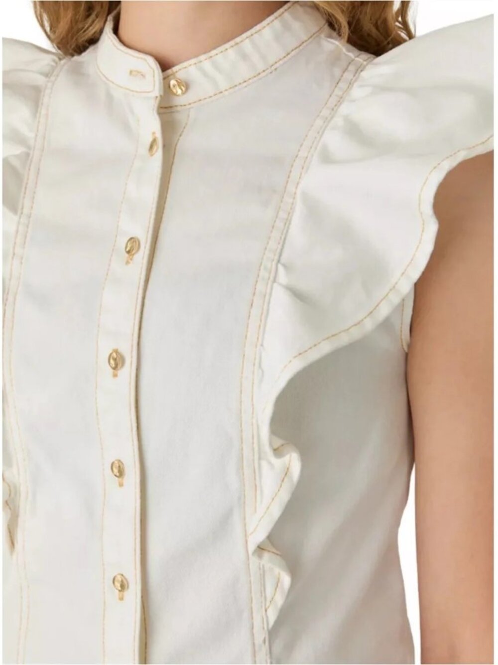 Current/Elliott Sleeveless Mandarin Collar Ruffle Top White Denim NWT